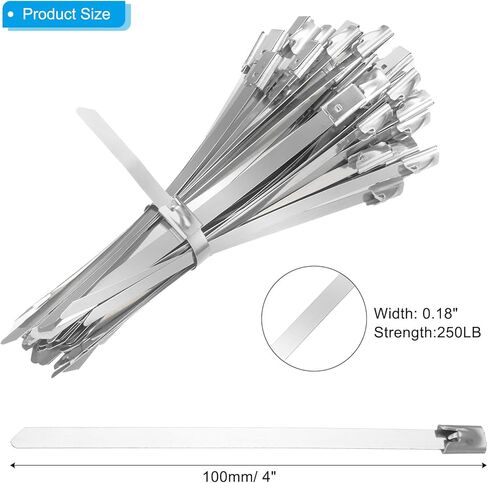 PATIKIL Metal Zip Ties 100 Pcs, 4 Inch Heavy Duty 304 Stainless Steel Self-Locking Cable Ties, 250LB Multi Purpose Binding for Indoor and Outdoor, Silver in Kuwait