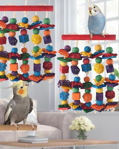 Bird Toys,Parakeet Chewing Toys,Multicolored Natural Wooden Blocks Birds Parrot Tearing Toys mit Rattan Wicker Balls,for Medium Small Macaw Cockatoos Budgie Lovebird Cockatiel Conures in Kuwait