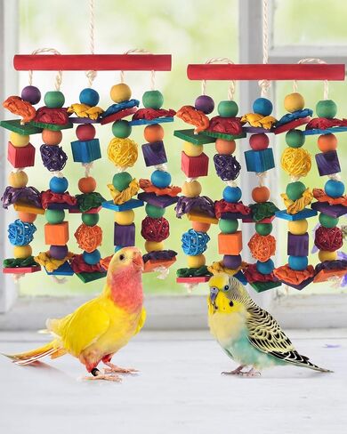 Bird Toys,Parakeet Chewing Toys,Multicolored Natural Wooden Blocks Birds Parrot Tearing Toys mit Rattan Wicker Balls,for Medium Small Macaw Cockatoos Budgie Lovebird Cockatiel Conures in Kuwait