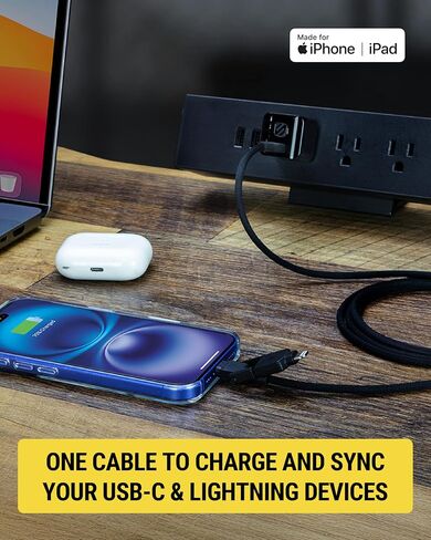 Scosche CCi4B4PSG 2-in-1 Braided USB-C to C/USB-C to Lightning Multi-Device Charge and Sync Cable, 4FT Type-C Charger Fast Charging Cord Compatible with Apple iPhone, iPad, Galaxy and More, Black in Kuwait