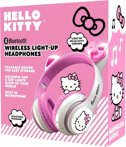 Hello Kitty Wireless Bluetooth Light-Up Headphones with Built-in Microphone, Foldable Design, Adjustable Headband, 8 Hours Playtime, LED Kitty Earcups, for Kids & Adults (Pink) in Kuwait