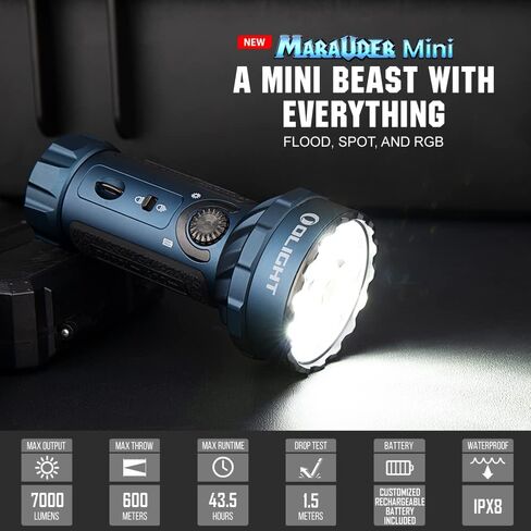OLIGHT Marauder Mini 7,000 Lumens Bright Flashlight with 600 Meters Beam Distance, Powerful RGB Lights, Magnetic Rechargeable for Outdoors Work, Hunting, and Searching(Midnight Blue) in Saudi Arabia