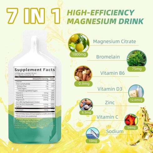 مكمل سائل سيترات المغنيسيوم 1800 مجم، مشروب المغنيسيوم/محلول فموي مع البروميلين وفيتامين والزنك والصوديوم للنوم والعضلات والقلب ودعم الهضم والإمساك، والأناناس، 30 أونصة سائلة (30 قطعة) in Kuwait