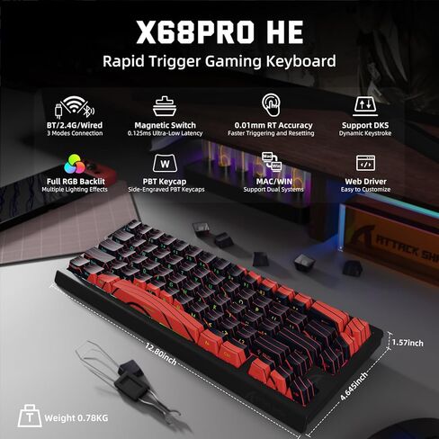ATTACK SHARK X11 & X68 PRO HE Wireless Gaming Combo,Rapid Trigger Hall Effect Magnetic Switch 8K Keyboard,Ultra-Light 22K DPI PAW3311 Optical Sensor Mouse,RGB Backlit Tri-Mode with Coiled Cable-Red in Saudi Arabia