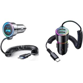 FLYLEAD 3-Port Super Fast Car Charger PD& QC3.0 with 5ft 30W Type C Coiled Cable and Dual USB Car Charger