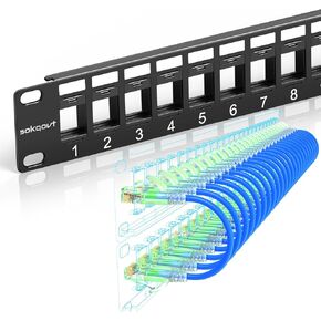 Blank Patch Panel 24 Port Cat6, 24 Pack Patch Cable Blue, Rack Mount, Copper, Black, Compatible with Server, Switch, Router