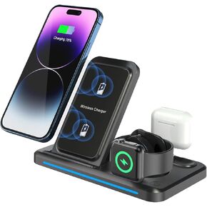 Wireless Charging 3 in 1 Foldable Charging Station for Apple Wireless Charger for iPhone 16 15 14 13 12 11 Series, Station with Night Light for Apple Watch Charger for AirPods 4/3/2/Pro/Pro 2 (Black)