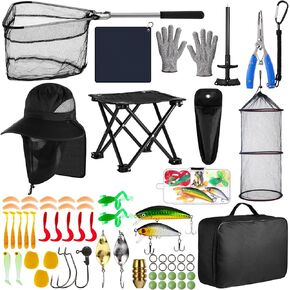 Lasnten 68 Pcs Fishing Tool Kit Fishing Backpack Pliers Kit Gear Equipment Tackle Include Hook Remover Backpack Gloves Towel Keychain Hook Fishing Lures Baits Accessories for Men Women Gifts