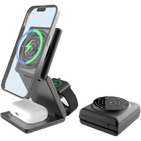 Fast Wireless Charger, Magnetic Foldable 3 in 1 Charging Station for Apple Devices,15W Portable Charger for iPhone 16/15/14/13/12 for Apple Watch 9/8/7/6/5/4/3/SE, for Airpods3/2/Pro-Black
