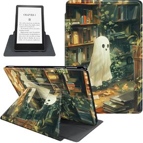 Case for Kindle Paperwhite 12th Gen 2024 Released (7") & Kindle Colorsoft Signature Edition, 360 Degree Rotating Folio PU Leather Cover, Auto Sleep/Wake, Cute Ghost