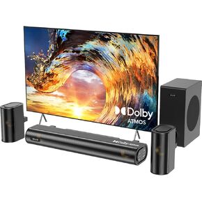 Hiwill 4.1ch Sound Bar with Dolby Atmos, 300W Sound Bar for Smart TV with Subwoofer, 2 Front Surround Speakers, Soundbar for TV Speaker, Adjustable Bass, Surround Sound System for TV, HiElite A41