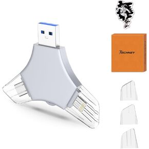 USB 3.0 Flash Drive 64gb for iPhone, 3in1 External Memory Picture Keeper Storage Stick for Photo/Video/Data Saver/Backup, V7.12High Speed Thumb Drives for iPhone/iPad/Android/PC - Platinum