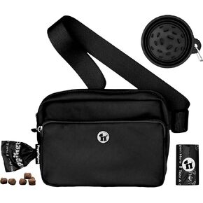 Puppington 3-in-1 Crossbody Bag & Dog Treat Pouch for Pet Training - Matching Compostable Poop Bags, Built-In Poop Bag Dispenser & Slow-Feeding Travel Dog Bowl - Dog Walking Bag (Onyx Black)