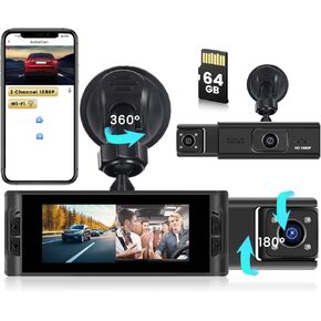 Dual Channel Dash Camera, Car Cam FHD 1080P Front and Inside Dash Cam with 64GB Card, Built-in WiFi/APP, Loop Recording, Motion Detection, Exposure Adjustment, Screen Saver