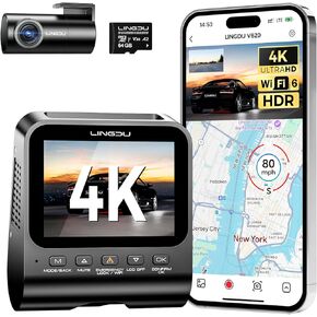 4K DASH CAM الأمامي والخلفي ، WIFI6 4K+1K DASH CAMERT للسيارات ، بطاقة HDR DASHCAM 64GB ، التحكم الصوتي ADAS GPS ، الرؤية الليلية ، الكشف عن الحركة 24H وقوف السيارات ، تطبيق خط التشغيل الزمني المطورة LINGDU V620