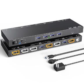 A DisplayPort KVM Switch with Voice Control Can Listen to You, 2 Monitors KVM Switcher Support 8K@30Hz, 4K@144Hz for 2 PC or Laptops Share 2 Monitor and 4 USB 3.0 Devices