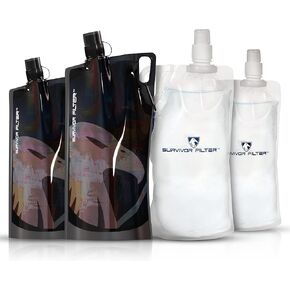 Survivor Filter 1L Black and Clear Collapsible Water Bottles Bundle - 4 x 33oz