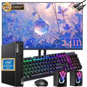 Lenovo ThinkCentre M70Q Tiny Desktop Computer with 24" FHD Monitor, Intel Pentium Gold G6400T, 16GB DDR4 RAM, 512GB SSD, RGB Keyboard and Speakers, WiFi, BT, Windows 10 Pro (Renewed)