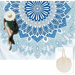 Silky Soft 108"x84" Large Sand Free Beach Blanket Sand Proof Mat with Corner Pockets and Fashion Mesh Bag for Beach Party, Travel, Camping and Outdoor Music Festival, Boho Ombre Blue Mandala