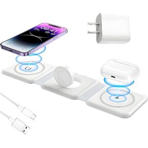 Apple Devices Charging Pad for iPhone 12 13 14 15 16 Pro Max, iWatch, Airpods - 3 in 1 Wireless, Magnetic Foldable Travel Charger Station for Multiple Apple Devices, Fast-Charging, Charger Included