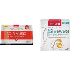 Maxell 50-Pack 625156 CD-R Music Spindle and 100-Pack CD/DVD Storage Sleeve Bundle