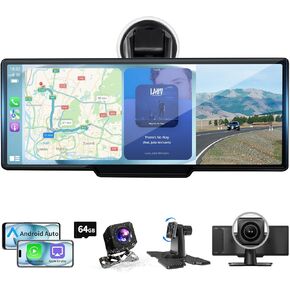 10.26" Wireless Carplay Screen with 4K Dash Cam, Portable Android Auto Screen, Car Stereo with 1080P Backup Camera, HD Touch Screen for All Vehicles, GPS Navigation, Mirror Link, Voice Control