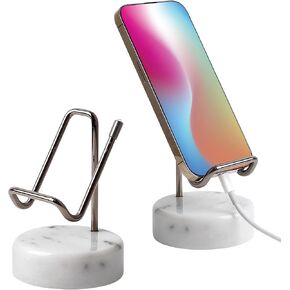 Marble Phone Stand with Metal Holder, Charging Available While Using, Swipe Up to Unlock, Made of Natural Marble as Business Card Holder for Office Desk (Starry White + Gold) in Kuwait