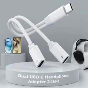 USB C Splitter,Dual USBC Headphone and Charger Adapter, Headphone Jack to USB C, 2 in 1 Type C Headphone Jack Aux Audio & Charge Adapter Dongle for iPhone 15/Galaxy S22/21 Support Music Control