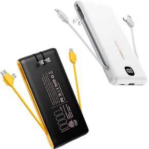 VEEKTOMX Portable Charger Built in Cables and Wall Plug White & Black