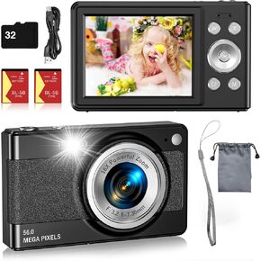 Digital Camera- 56MP FHD 1080P Camera for Kids, Point and Shoot with 16X Zoom Anti Shake, Kid Camera with 32GB TF Card, Two Batteries, Lanyard, Compact Portable Camera for Kids Teens Beginners（Black