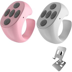 Scrolling Ring Remote for TikTok, Kindle, YouTube & Instagram – Bluetooth Finger Scroller for iPhone, Android – Page Turner Clicker & Fingertip Wireless Phone Control (W+P-Silver Bracket)