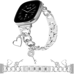 Stylish Metal Wristband Compatible with Fitbit Versa 3/Versa 4/Sense/Sense 2 Bands Women,Cuban Chain Band with Unique Charms Bling Love key Pendants Dressy Band Designer Strap