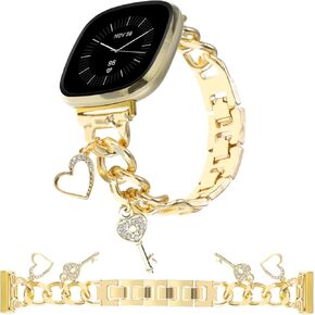 Stylish Metal Wristband Compatible with Fitbit Versa 3/Versa 4/Sense/Sense 2 Bands Women,Cuban Chain Band with Unique Charms Bling Love key Pendants Dressy Band Designer Strap in Kuwait