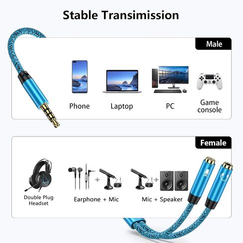 Headset Y Splitter Adapter Cable, 2 Female to 1 Male 3.5mm Jack Cable with Separate Mic and Audio Connector Convertors Splitter for Dual-Plug Gaming Headset to PS5/X-Box/Smartphone/New Version Laptop in Saudi Arabia