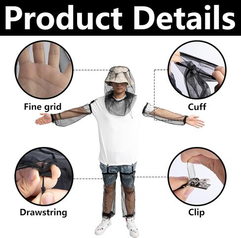 5 Pcs Mosquito Netting Suit-Extra Large Mosquito Head Net Mesh,Arm and Leg Sleeves-Mosquito Protection Suit for Men Women Camping Hiking Fishing in Kuwait