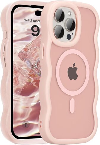 UEEBAI Magnetic for iPhone 16 Pro Max Case, Cute Cover Compatible with MagSafe, 2025 Clear Wave Design Wavy Frame Matte Phone Case- Pink in Saudi Arabia