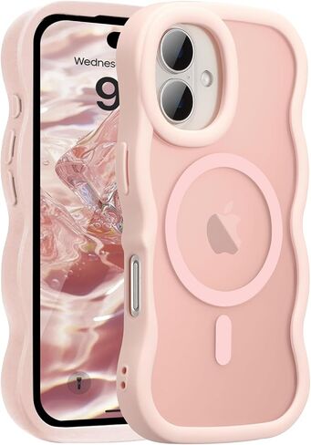UEEBAI Magnetic for iPhone 16 Pro Max Case, Cute Cover Compatible with MagSafe, 2025 Clear Wave Design Wavy Frame Matte Phone Case- Pink in Saudi Arabia