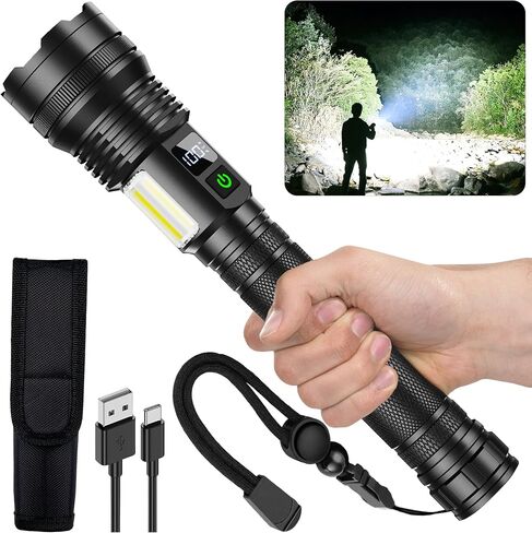 Rechargeable Flashlights, 990,000 lumens, Extremely Bright USB Rechargeable Tactical Flashlight, Zoomable, IP67 Waterproof, 10 Modes for Home, Outdoor, Emergency, Patrol, Camping (with Battery) in Saudi Arabia