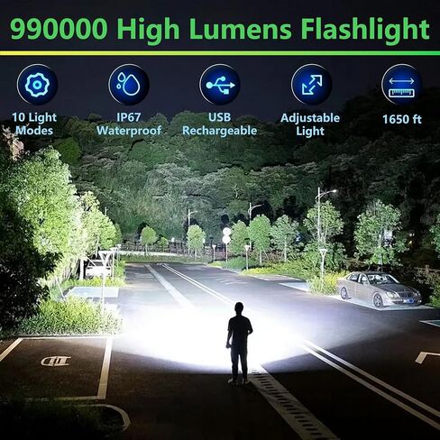 Rechargeable Flashlights, 990,000 lumens, Extremely Bright USB Rechargeable Tactical Flashlight, Zoomable, IP67 Waterproof, 10 Modes for Home, Outdoor, Emergency, Patrol, Camping (with Battery) in Saudi Arabia