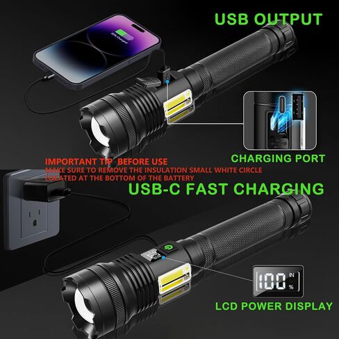 Rechargeable Flashlights, 990,000 lumens, Extremely Bright USB Rechargeable Tactical Flashlight, Zoomable, IP67 Waterproof, 10 Modes for Home, Outdoor, Emergency, Patrol, Camping (with Battery) in Saudi Arabia