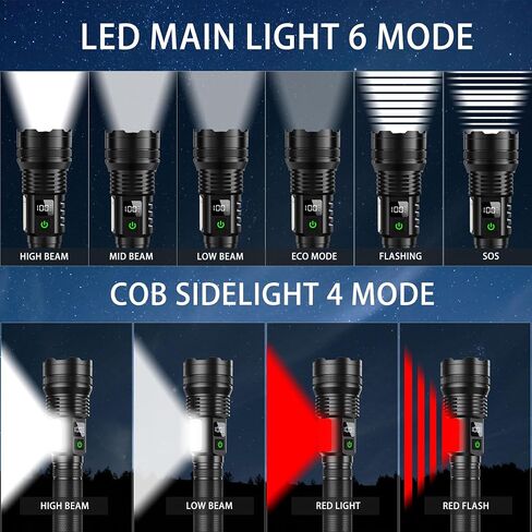 Rechargeable Flashlights, 990,000 lumens, Extremely Bright USB Rechargeable Tactical Flashlight, Zoomable, IP67 Waterproof, 10 Modes for Home, Outdoor, Emergency, Patrol, Camping (with Battery) in Saudi Arabia