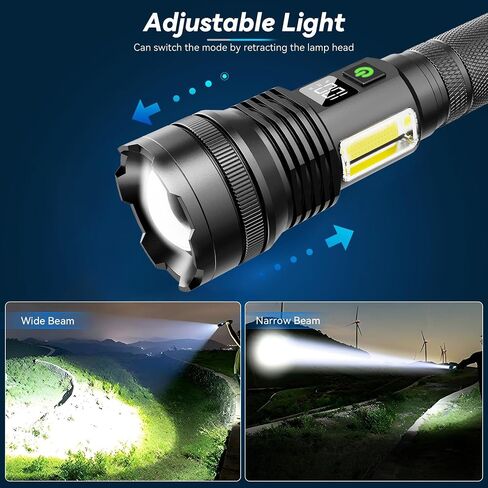 Rechargeable Flashlights, 990,000 lumens, Extremely Bright USB Rechargeable Tactical Flashlight, Zoomable, IP67 Waterproof, 10 Modes for Home, Outdoor, Emergency, Patrol, Camping (with Battery) in Saudi Arabia