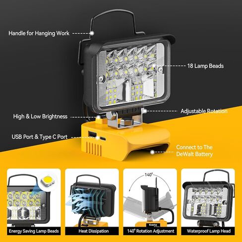 مصباح يدوي من Ecarke Cordless Leadheld for DeWalt 18V/20V: LED Work Battery Light - 20W 2000LM TOOLS للعمل في البيئات المظلمة ، في الهواء الطلق ، الصيد ، الهدايا ، موقع العمل وإضاءة الأمان (أداة فقط) in Kuwait