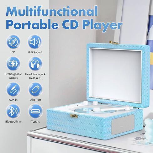 CD Player Portable with Speakers Bluetooth Desktop Knit Retro CD Player for Home Rechargeble Battery Small Vintage CD Player with Bluetooth Input, USB Playback, AUX in, Headphone Jack, Remote Control in Saudi Arabia