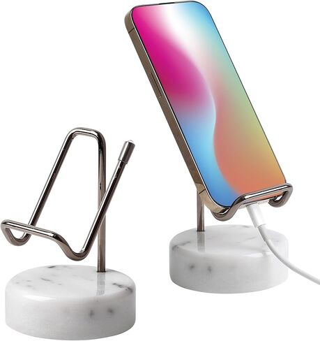 Marble Phone Stand with Metal Holder, Charging Available While Using, Swipe Up to Unlock, Made of Natural Marble as Business Card Holder for Office Desk (Starry White + Gold) in Kuwait