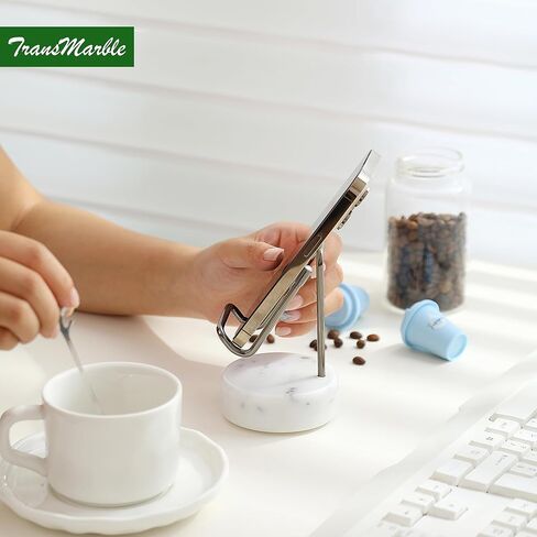 Marble Phone Stand with Metal Holder, Charging Available While Using, Swipe Up to Unlock, Made of Natural Marble as Business Card Holder for Office Desk (Starry White + Gold) in Kuwait