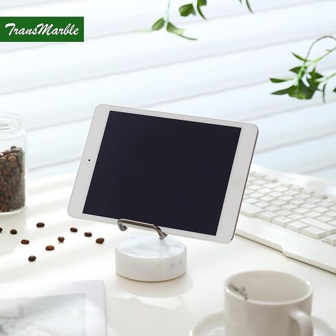 Marble Phone Stand with Metal Holder, Charging Available While Using, Swipe Up to Unlock, Made of Natural Marble as Business Card Holder for Office Desk (Starry White + Gold) in Kuwait