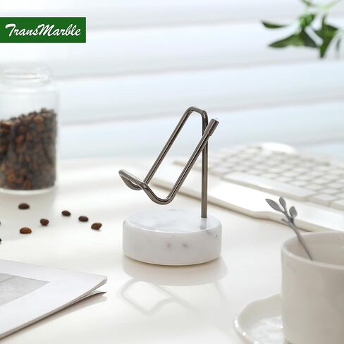 Marble Phone Stand with Metal Holder, Charging Available While Using, Swipe Up to Unlock, Made of Natural Marble as Business Card Holder for Office Desk (Starry White + Gold) in Kuwait