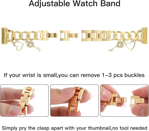 معصم معدني أنيق متوافق مع Fitbit Versa 3/Versa 4/Sense/Sense 2 Bands Women ، سلسلة سلسلة كوبية مع سحر فريد Bling Love Key Pendants Snary Band Strap in Kuwait