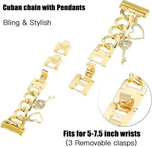 معصم معدني أنيق متوافق مع Fitbit Versa 3/Versa 4/Sense/Sense 2 Bands Women ، سلسلة سلسلة كوبية مع سحر فريد Bling Love Key Pendants Snary Band Strap in Kuwait